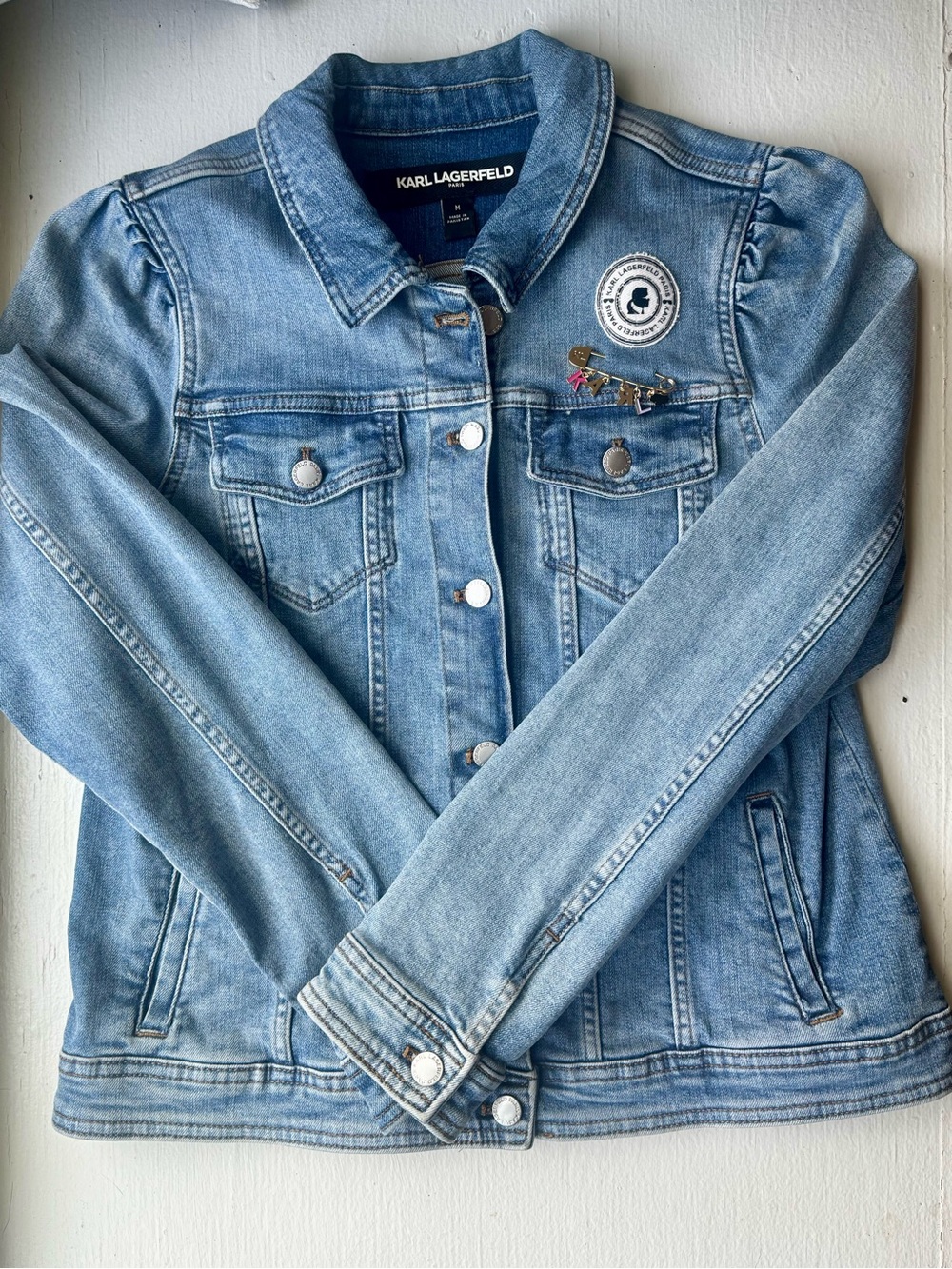 Karl Lagerfeld Light Wash Denim Trucker Jacket with Pin Details
